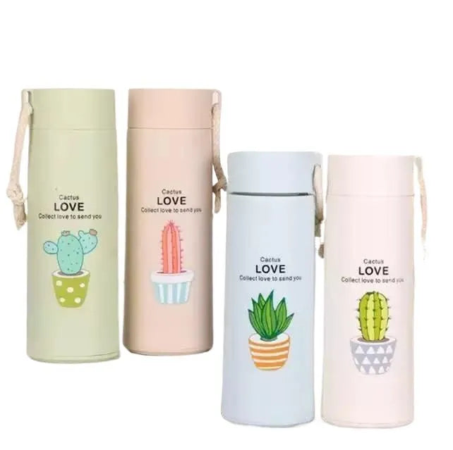 Cactus 400ml Glass Water Bottle - Insulated for Ultimate Freshness - Perfect for School, Gym, and Office Use