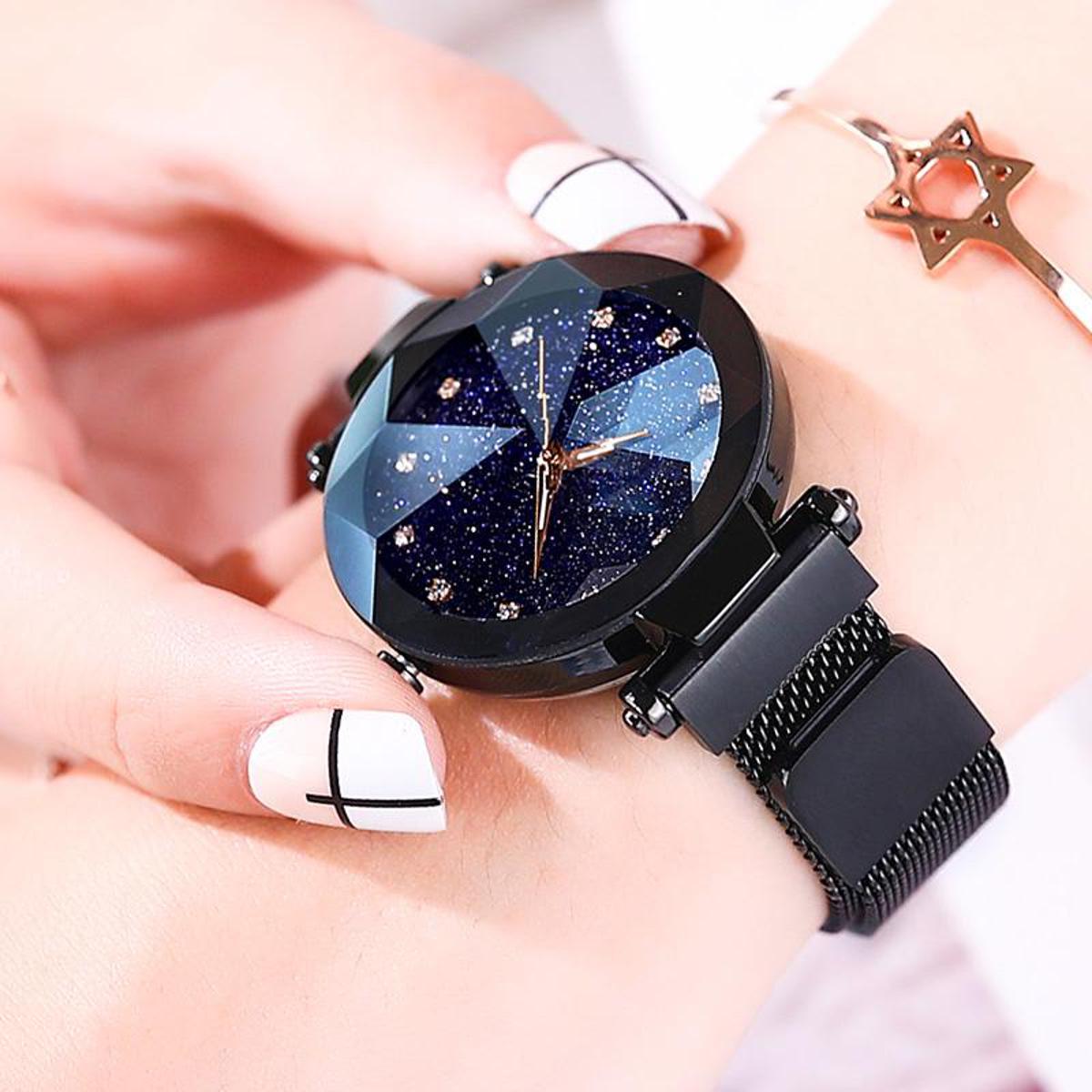 Women Mesh Magnet Buckle Starry Sky Luxury Fashion Analog Watches for Girls
