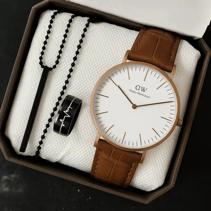 Pack Of 3 Top Fashion Men's Business Watch Deal -Elegant Mens Arabic Aura Watch Casual Watch +Heart Beat Ring+3D Bar Stick Locket-High Quality Business Watch In Random dial Design