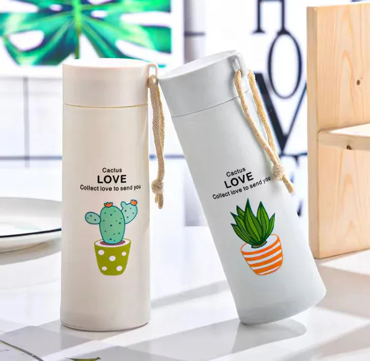 Cactus 400ml Glass Water Bottle - Insulated for Ultimate Freshness - Perfect for School, Gym, and Office Use