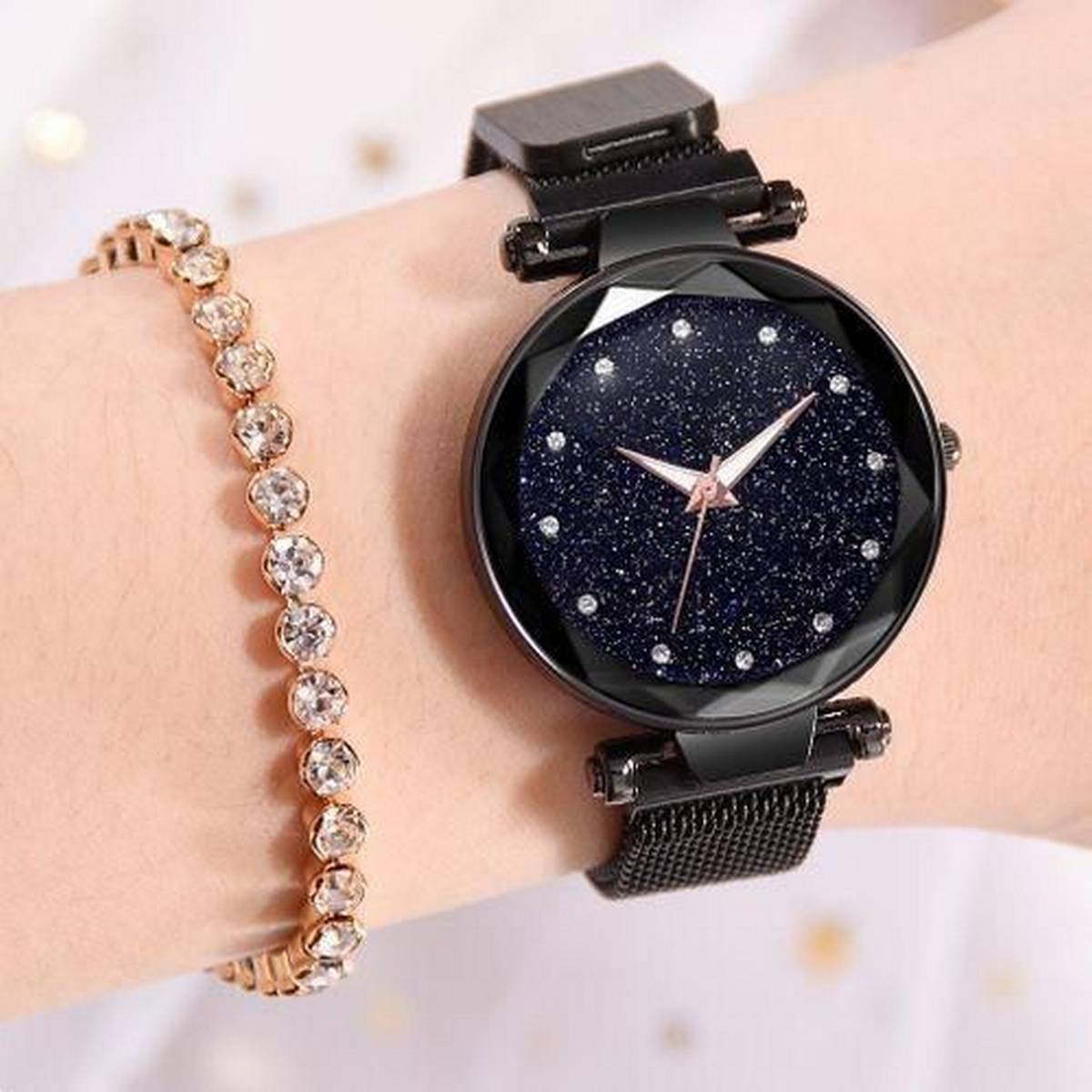 Women Mesh Magnet Buckle Starry Sky Luxury Fashion Analog Watches for Girls